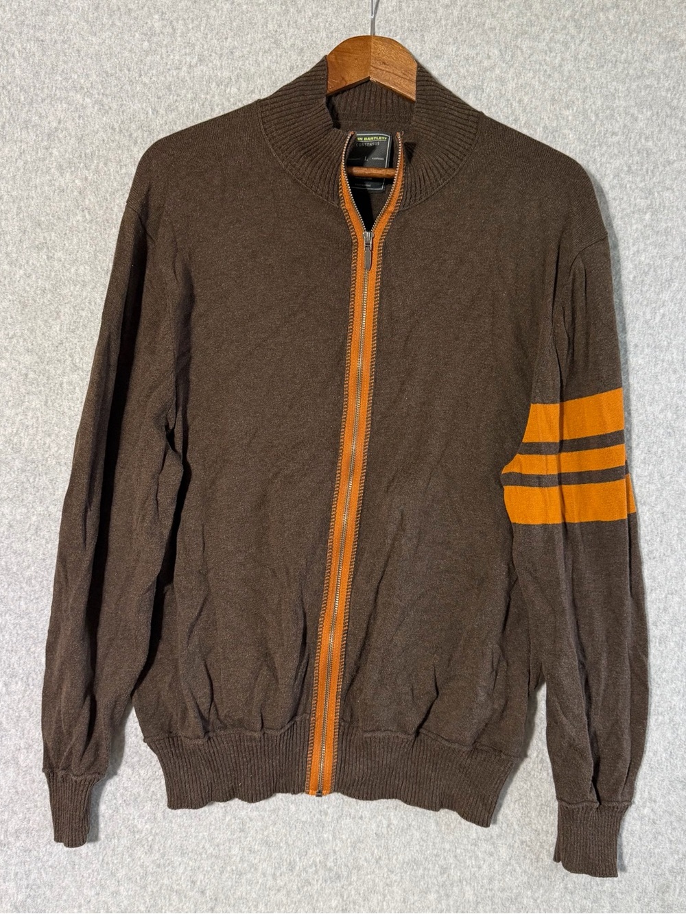 Men's Brown Zip-Up Sweater with Orange Stripe Accent